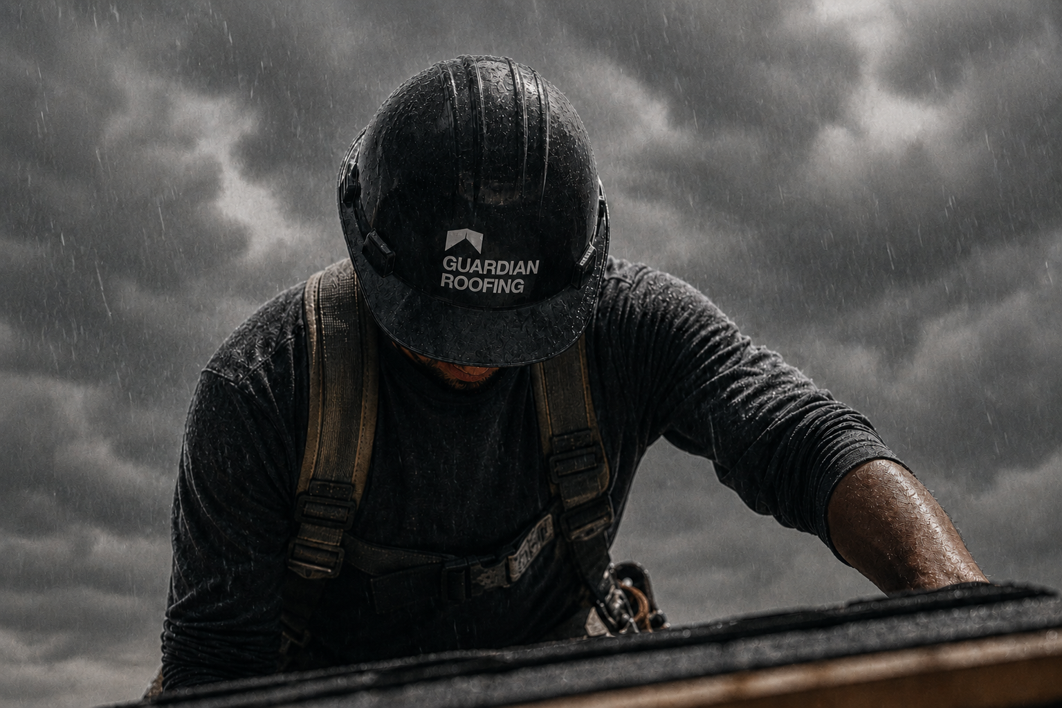 Guardian Roofing helmet on a roofer